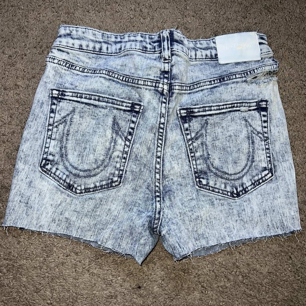 True Religion Halle High Rise Curvy Denim Shorts Blue Medium Wash Stitch 30
